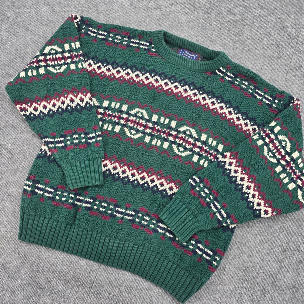 Vintage Liberty Mens Medium Green Fair Isle Cotton Knit Sweater Made in USA